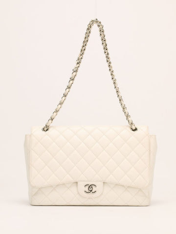 White Maxi Quilted Caviar Flap Bag With SHW