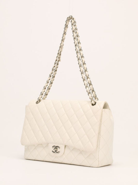 White Maxi Quilted Caviar Flap Bag With SHW