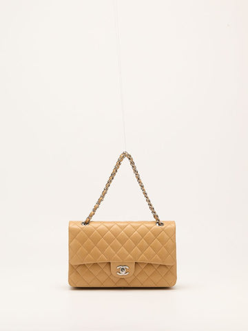 Beige Clair Medium Classic Double Flap Bag With SHW