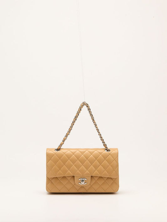 Beige Clair Medium Classic Double Flap Bag With SHW