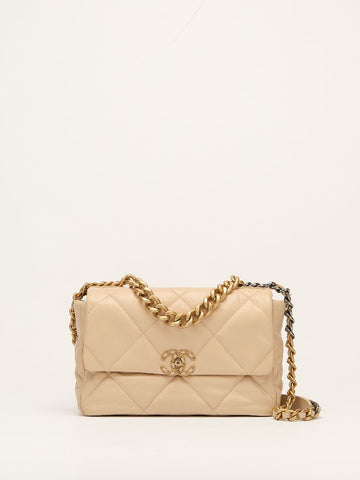 Beige Large C19 Quilted Flap Shoulder Bag