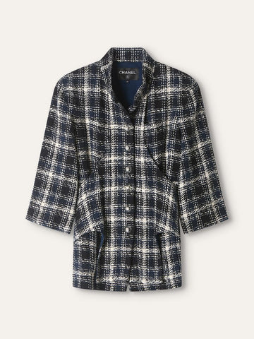 Multi Colour Checkered Tweed Cropped Sleeve Jacket