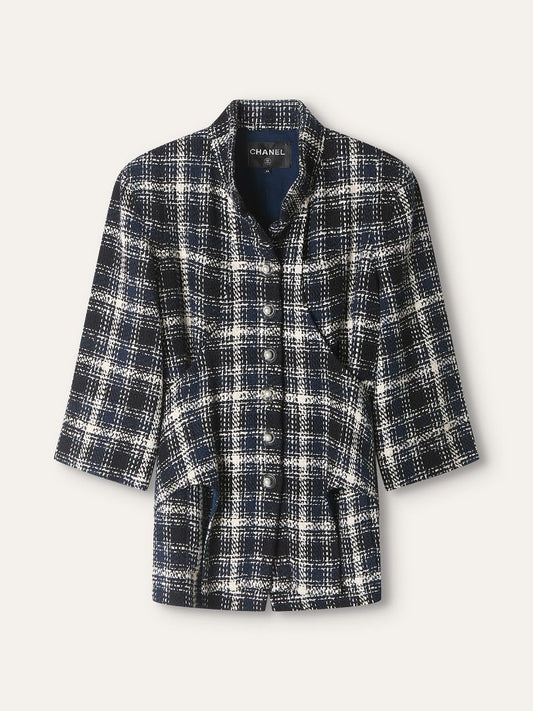 Multi Colour Checkered Tweed Cropped Sleeve Jacket