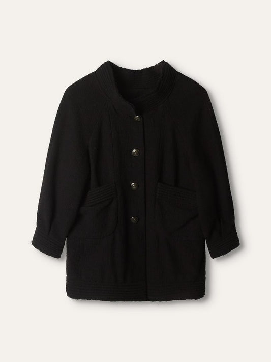 Black Collarless Tweed Over Coat