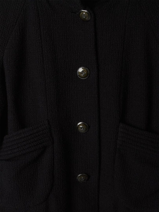 Black Collarless Tweed Over Coat