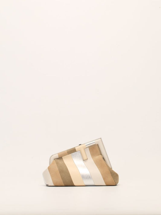Neutral & Silver Small Fendi First Suede Clutch Bag With SHW