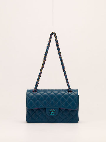 Small Blue Double Classic Flap Bag With Rainbow Hardware