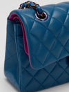 Small Blue Double Classic Flap Bag With Rainbow Hardware