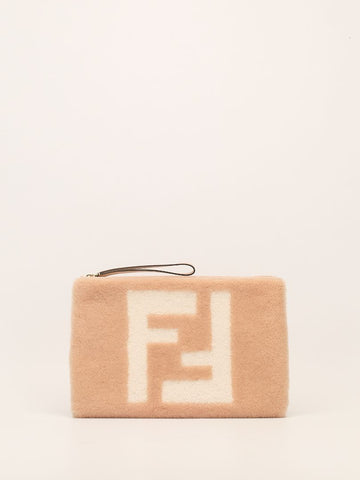 Beige & Cream Large Shearling FF Clutch