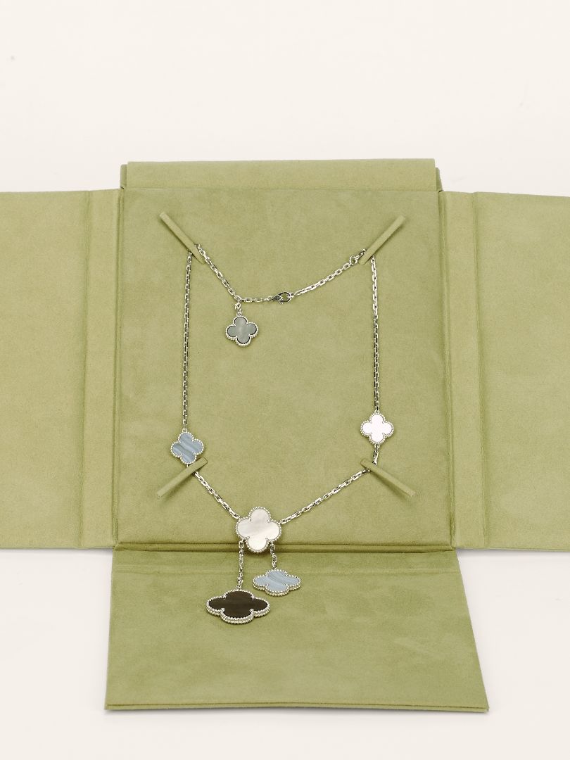 White Gold Magic Alhambra White & Grey Mother Of Pearl & Chalcedony 6 Motifs Necklace