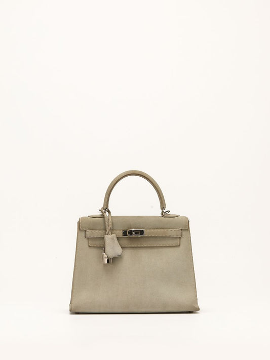 Kelly 25 Gris Pearl Doblis Suede With PHW Vintage 2003 G Square Stamp