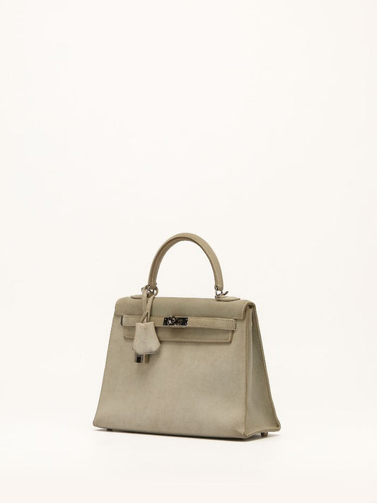 Kelly 25 Gris Pearl Doblis Suede With PHW Vintage 2003 G Square Stamp