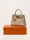 Kelly 25 Gris Pearl Doblis Suede With PHW Vintage 2003 G Square Stamp