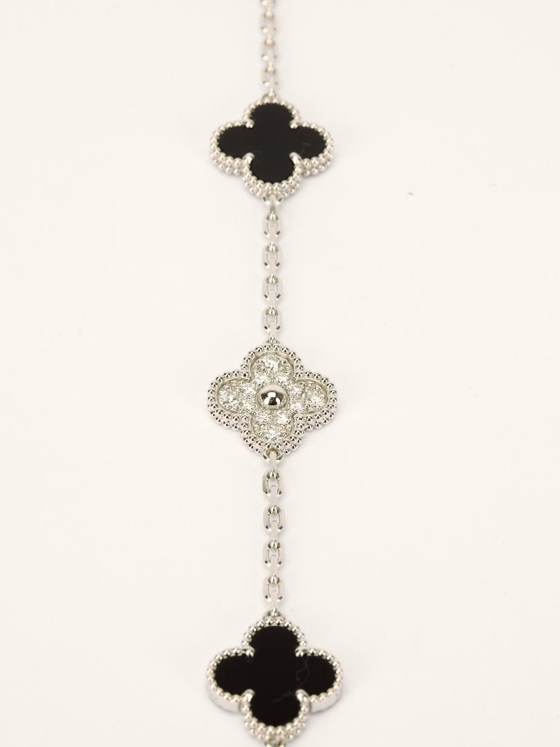 Vintage Alhambra White Gold Onyx & Diamond 5 Motifs Bracelet