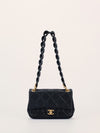 Black Mini Caviar Quilted Flap Bag with Leather Chainlink Strap