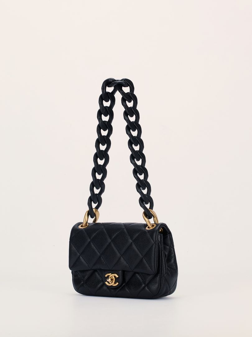 Black Mini Caviar Quilted Flap Bag with Leather Chainlink Strap