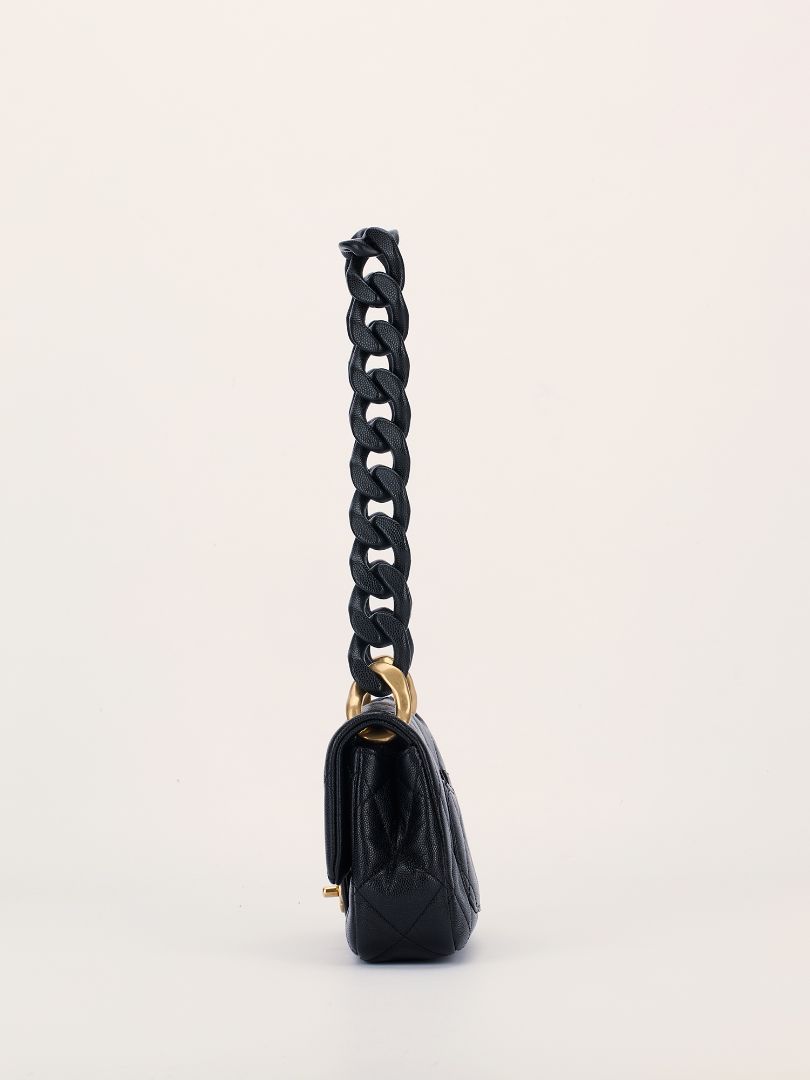 Black Mini Caviar Quilted Flap Bag with Leather Chainlink Strap