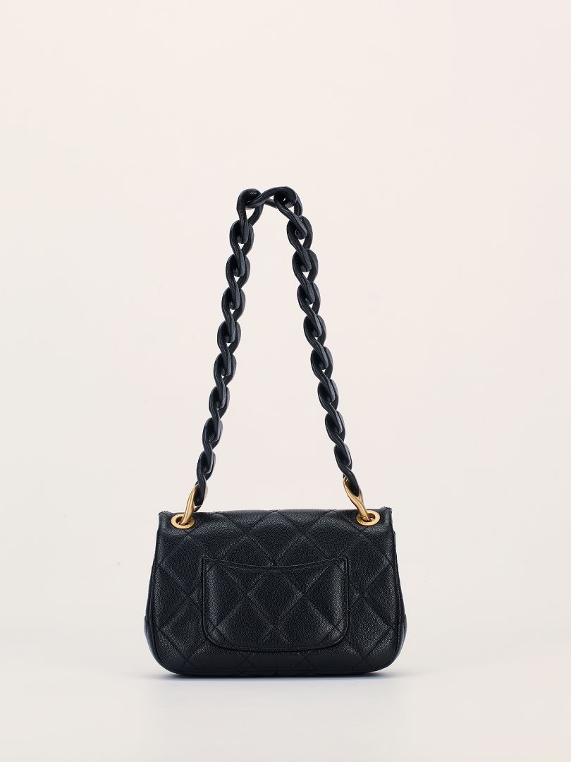 Black Mini Caviar Quilted Flap Bag with Leather Chainlink Strap