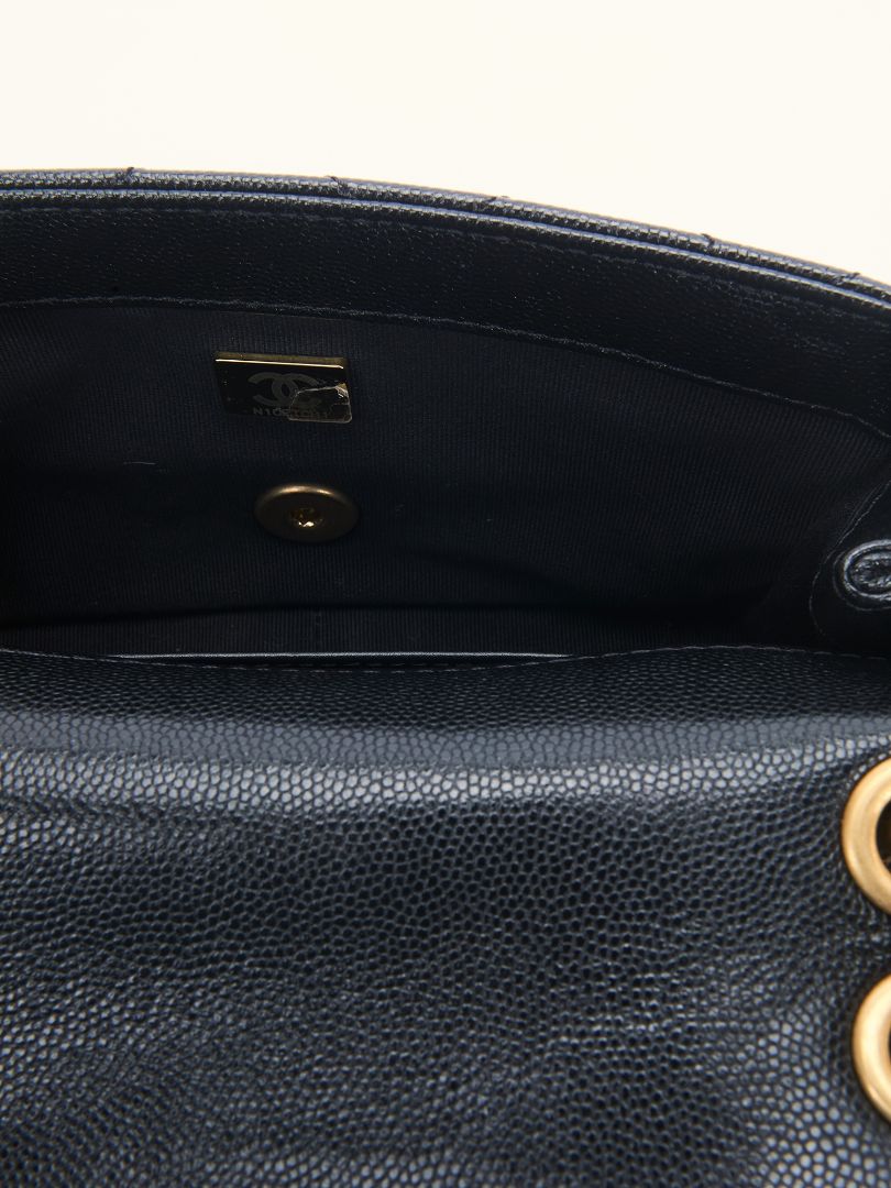 Black Mini Caviar Quilted Flap Bag with Leather Chainlink Strap