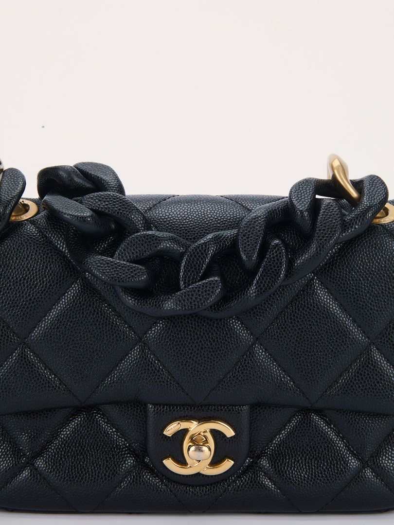 Black Mini Caviar Quilted Flap Bag with Leather Chainlink Strap