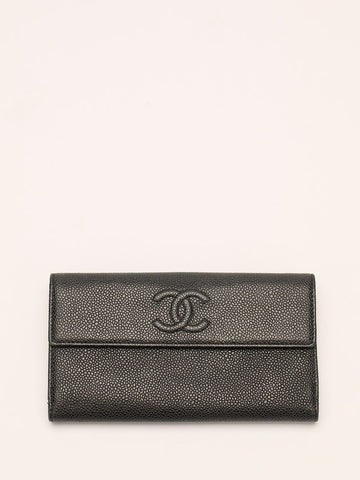 Black Caviar Leather Long Flap Wallet