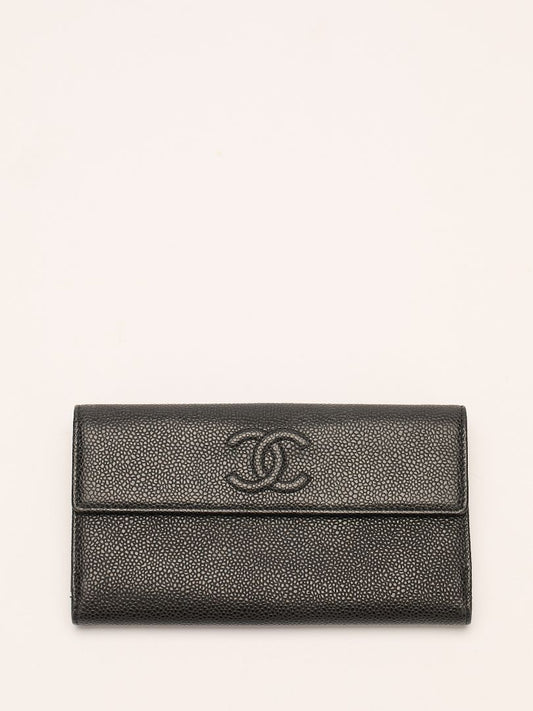 Black Caviar Leather Long Flap Wallet