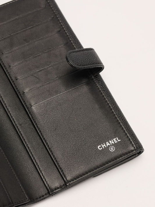 Black Caviar Leather Long Flap Wallet