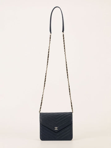 Navy Square Chevron Caviar Wallet On Chain With SHW