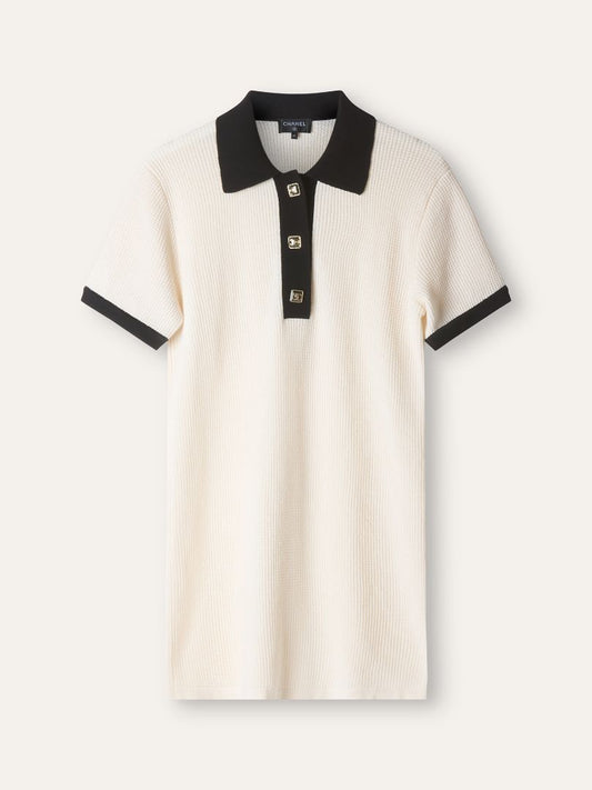 Cream & Black Knitted Polo Dress