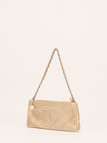 Beige Satin Pearl Clutch Shoulder Bag With SHW