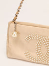 Beige Satin Pearl Clutch Shoulder Bag With SHW