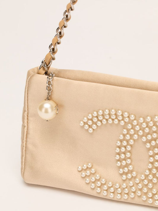 Beige Satin Pearl Clutch Shoulder Bag With SHW