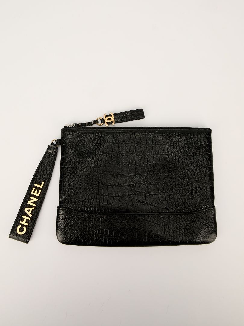 Black Crocodile Embossed Wristlet Clutch