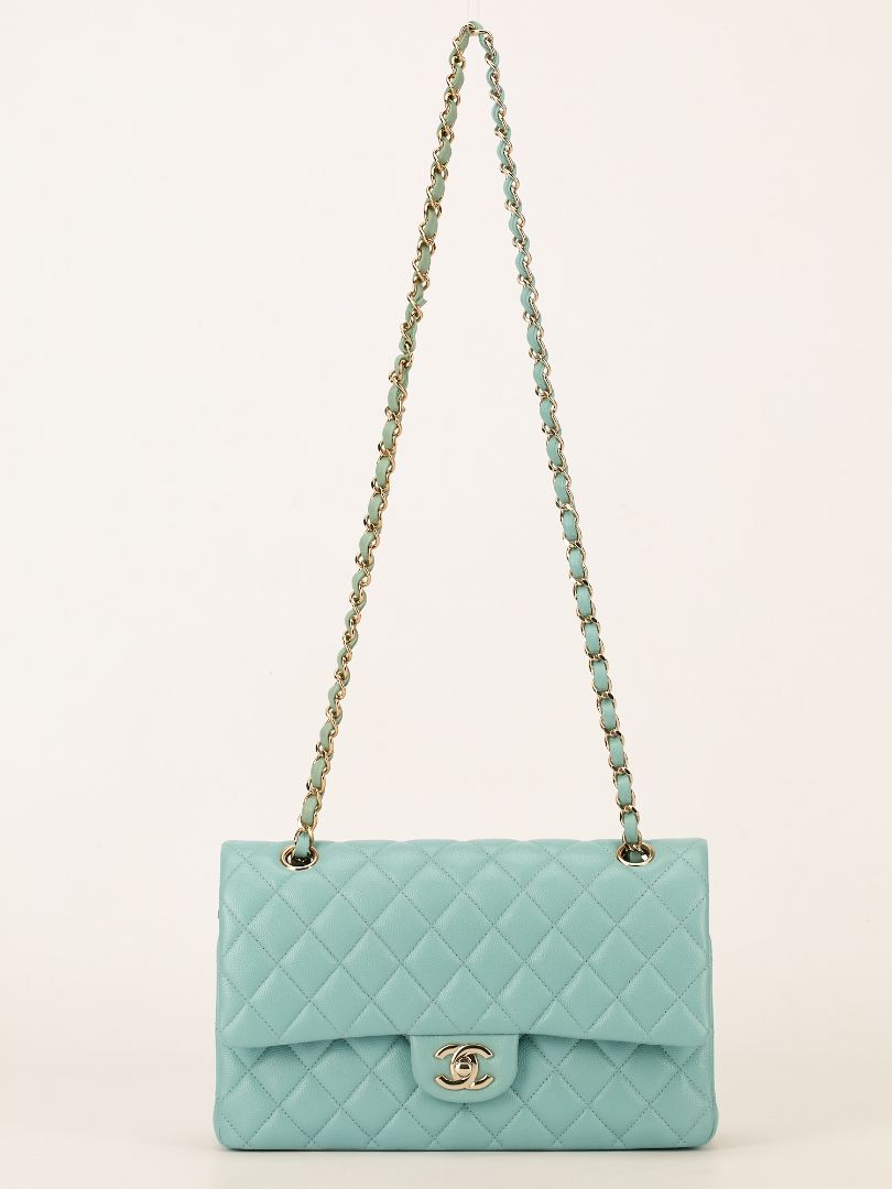 Tiffany Blue Medium Quilted Caviar Classic Double Flap Bag With Champagne HW
