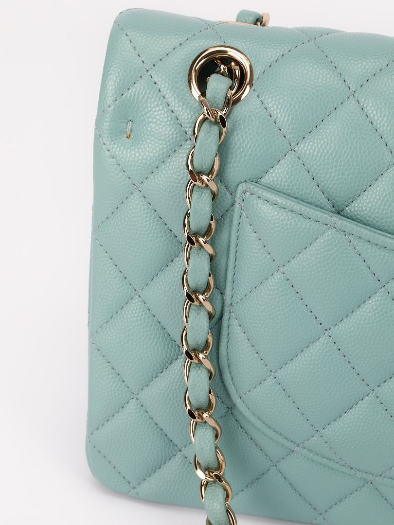 Tiffany Blue Medium Quilted Caviar Classic Double Flap Bag With Champagne HW