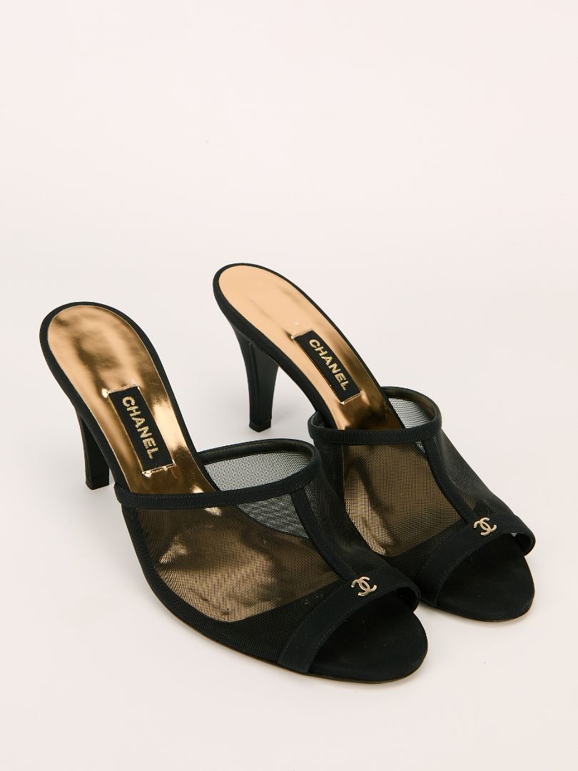 Black Mesh Peep Toe Mules