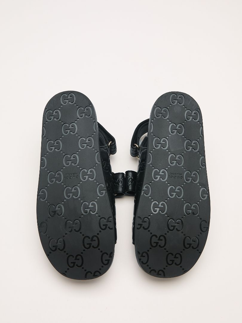 Black Double G Debossed Leather Sandal