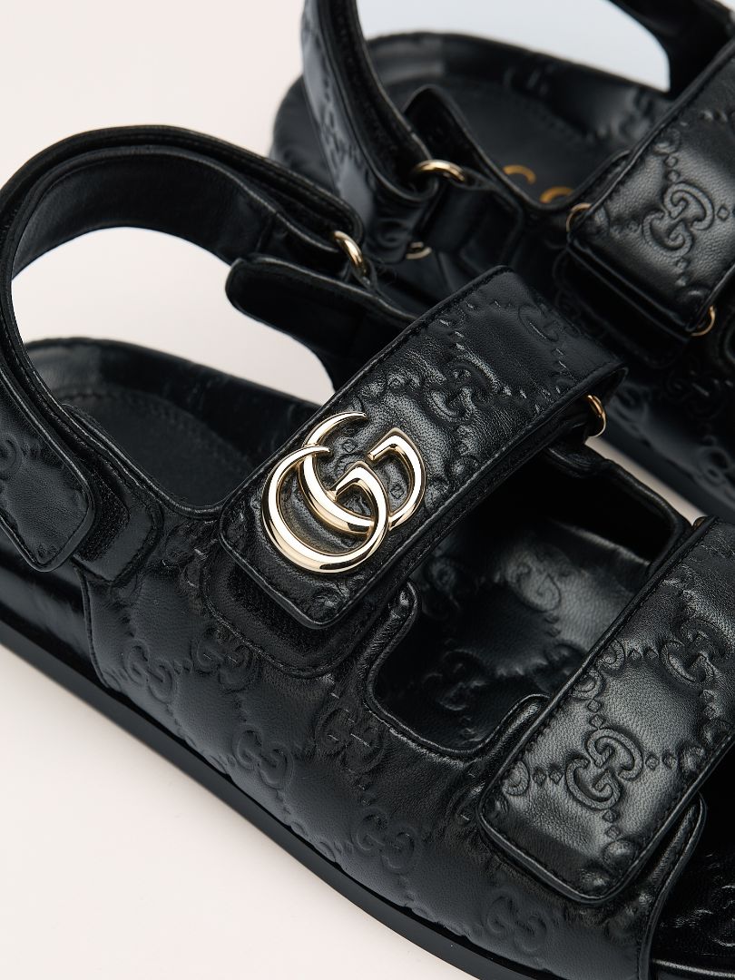 Black Double G Debossed Leather Sandal