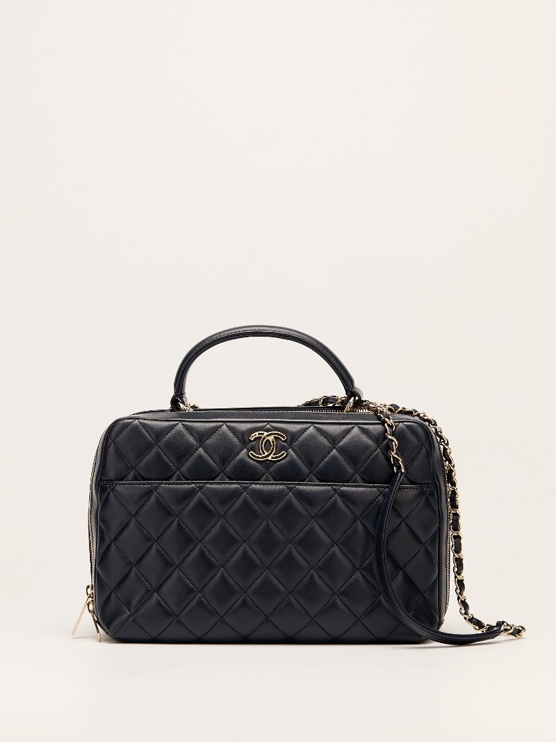 Navy Trendy CC Quilted Top Handle Bowling Bag With GHW