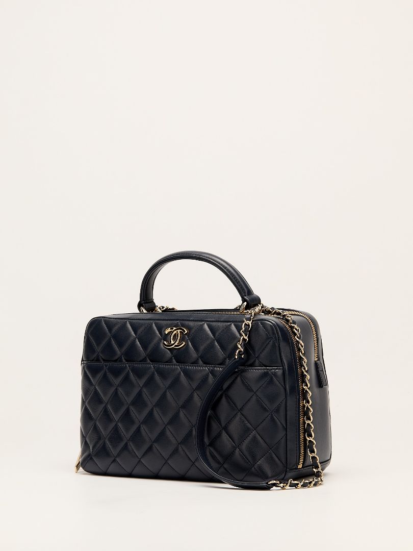 Navy Trendy CC Quilted Top Handle Bowling Bag With GHW