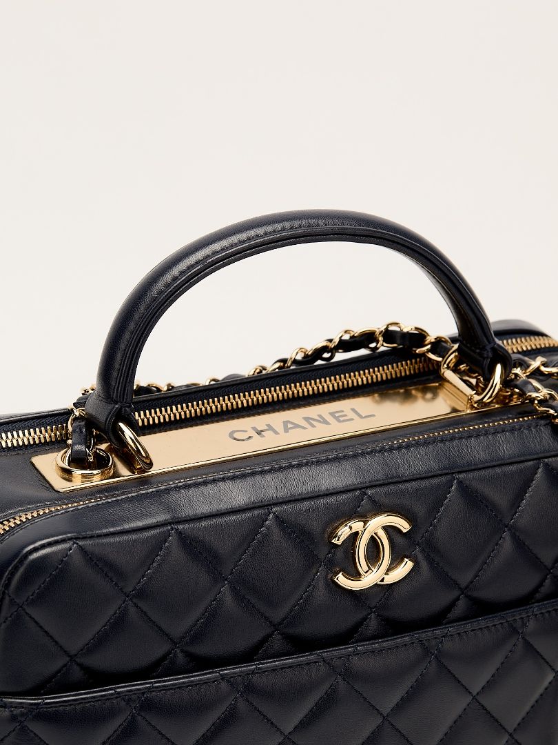 Navy Trendy CC Quilted Top Handle Bowling Bag With GHW