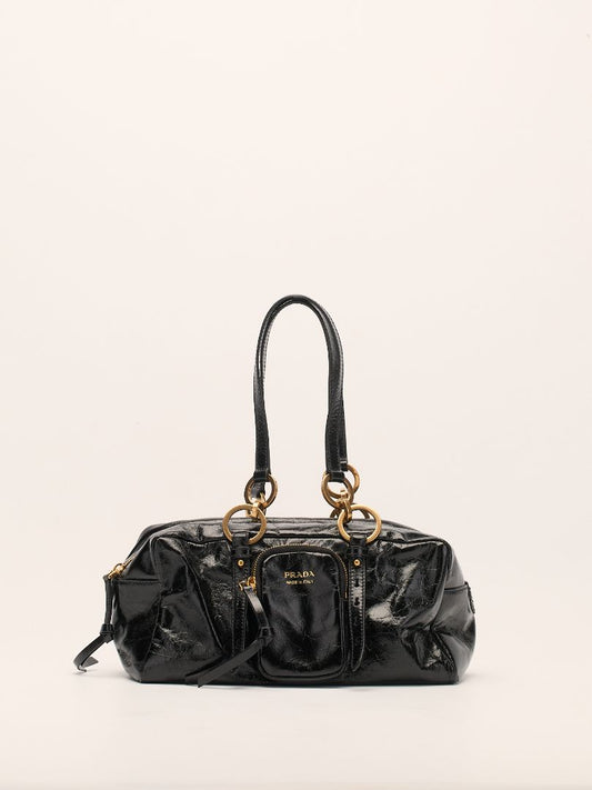 Black Crinkled Leather Bowling Bag With GHW