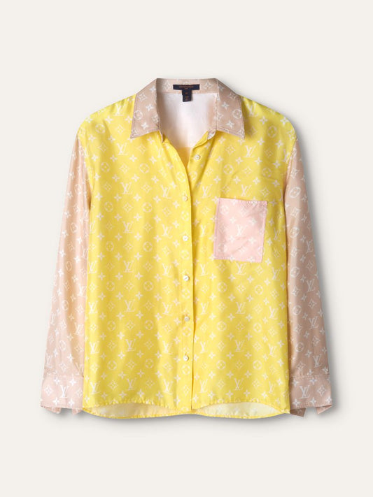 Pink & Yellow Colour Block Monogram Silk Shirt
