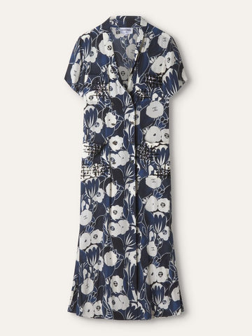 Navy & White Embellished Camellia Button Down Dress