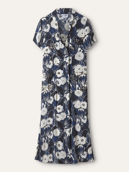 Navy & White Embellished Camellia Button Down Dress