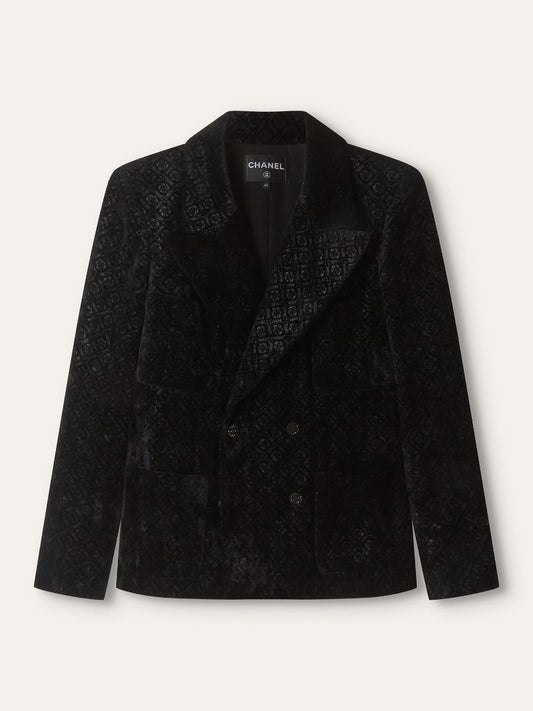 Black Double Breasted Camellia Velvet Blazer