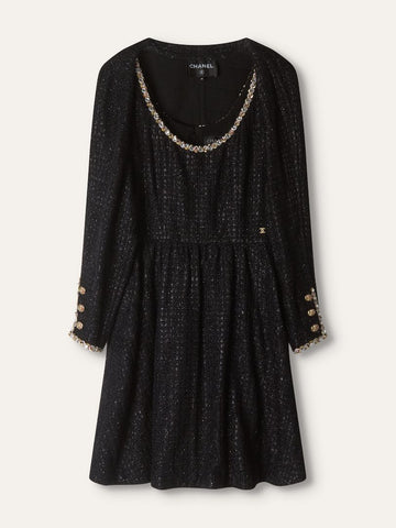 Black Metallic Tweed Embellished Dress With Cropped Jacket