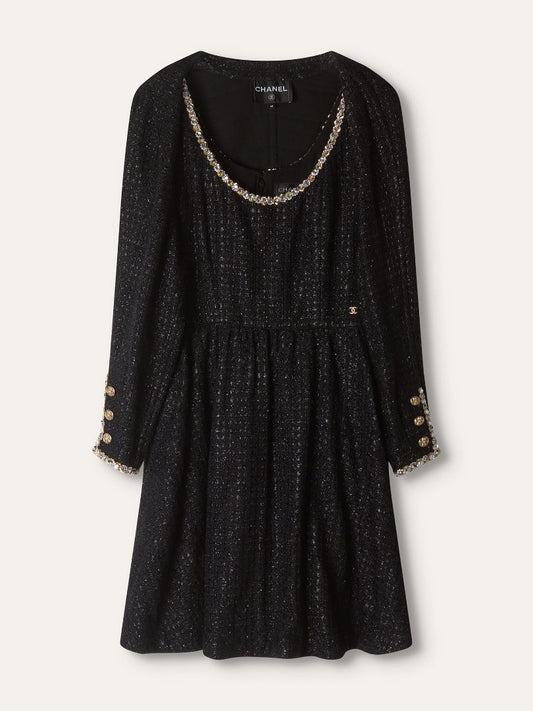 Black Metallic Tweed Embellished Dress With Cropped Jacket