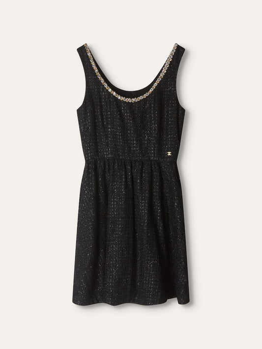 Black Metallic Tweed Embellished Dress With Cropped Jacket