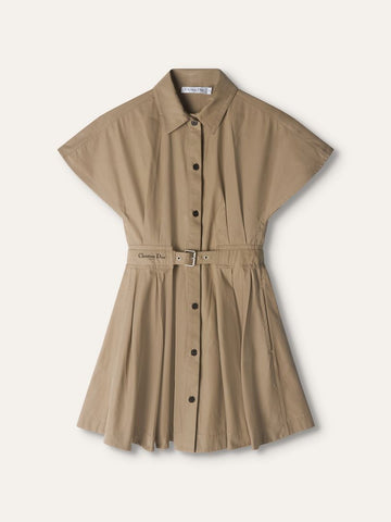 Dark Beige Gabardine Short Sleeved Belted Shirtdress